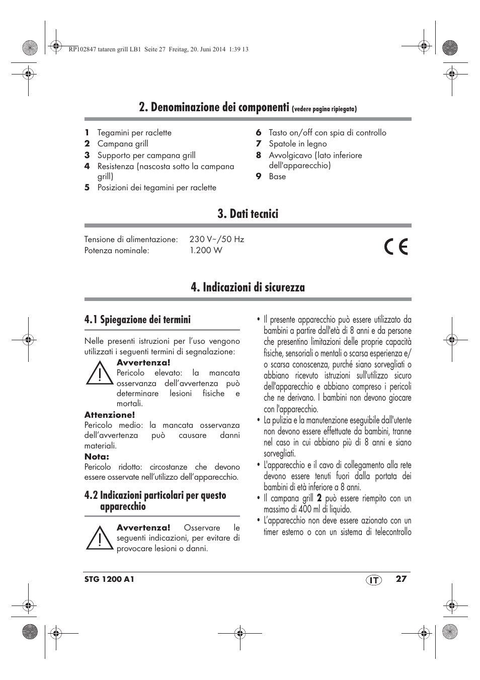 Denominazione dei componenti, Dati tecnici, Indicazioni di sicurezza | Silvercrest STG 1200 A1 User Manual | Page 29 / 50