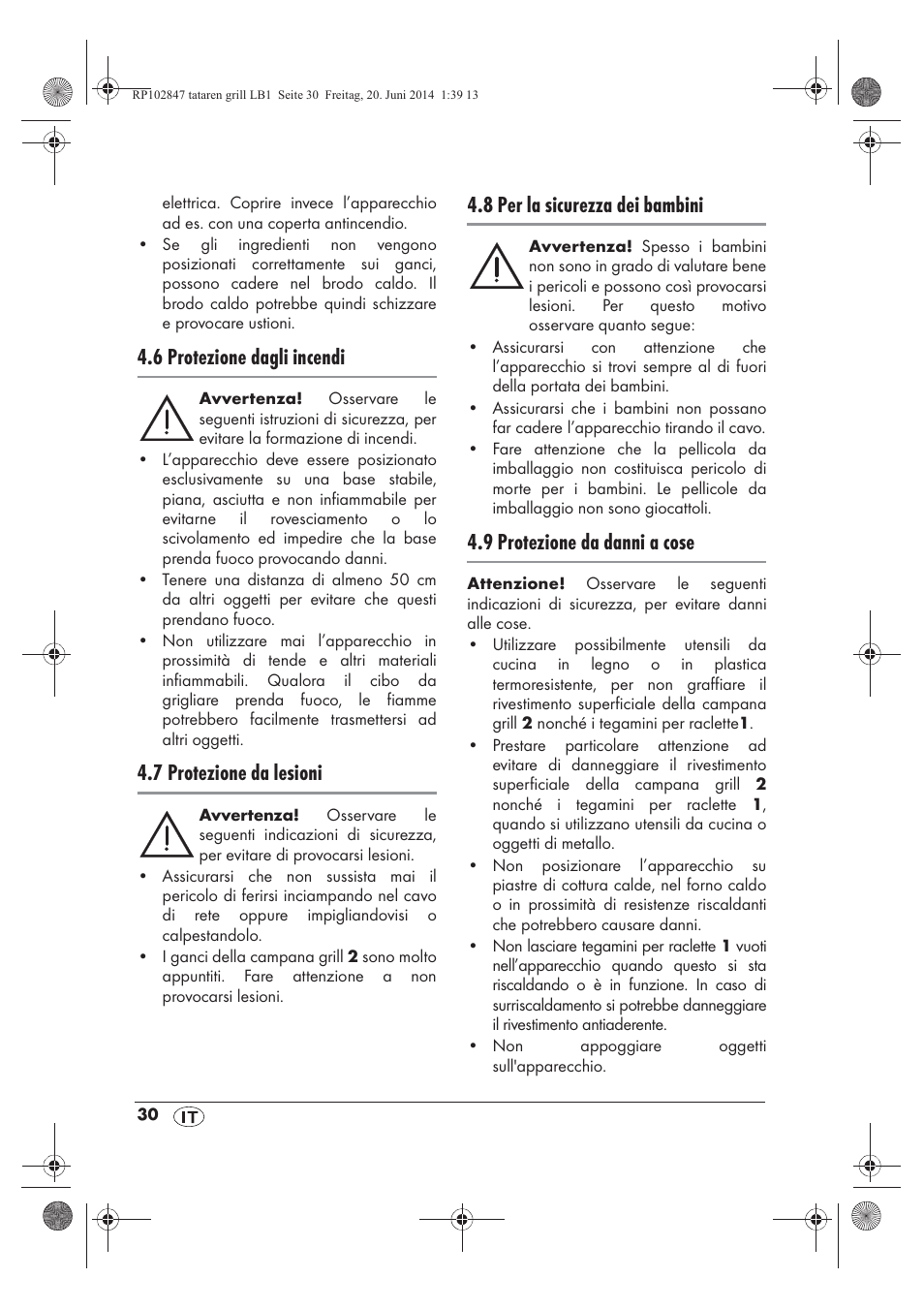 6 protezione dagli incendi, 7 protezione da lesioni, 8 per la sicurezza dei bambini | 9 protezione da danni a cose | Silvercrest STG 1200 A1 User Manual | Page 32 / 50