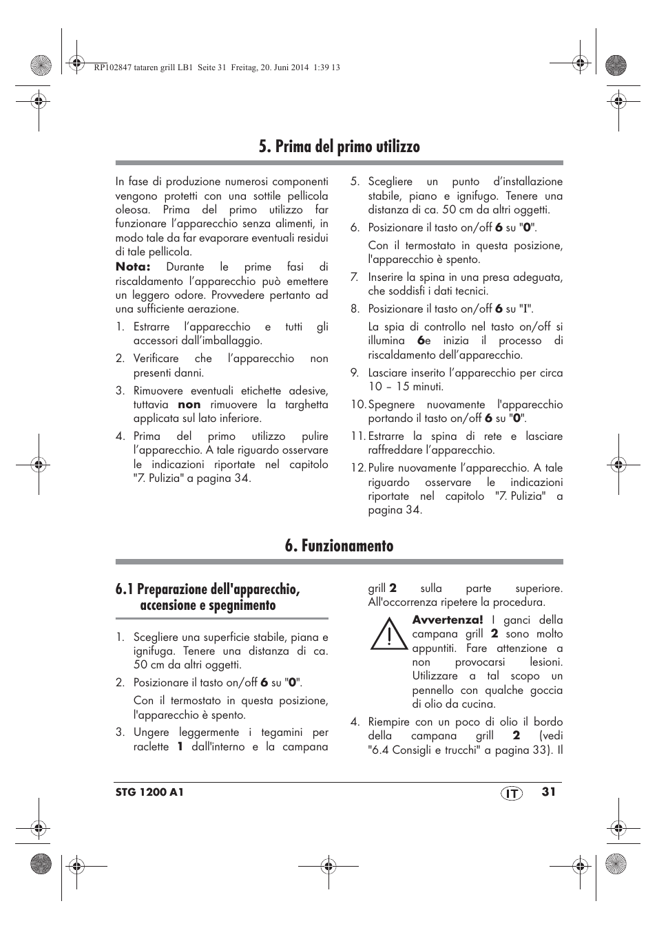 Prima del primo utilizzo, Funzionamento | Silvercrest STG 1200 A1 User Manual | Page 33 / 50