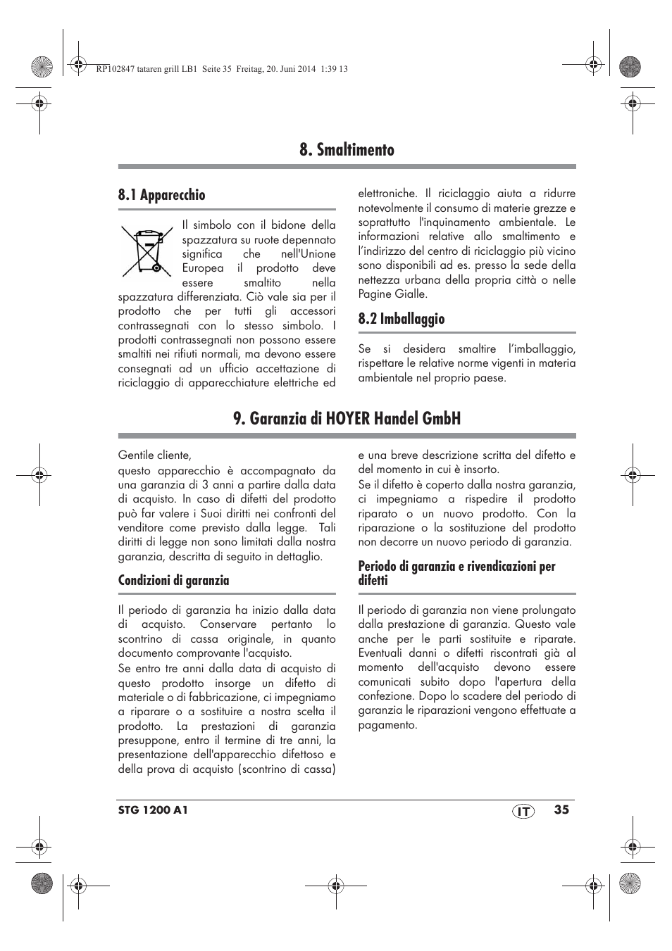 Smaltimento, Garanzia di hoyer handel gmbh | Silvercrest STG 1200 A1 User Manual | Page 37 / 50