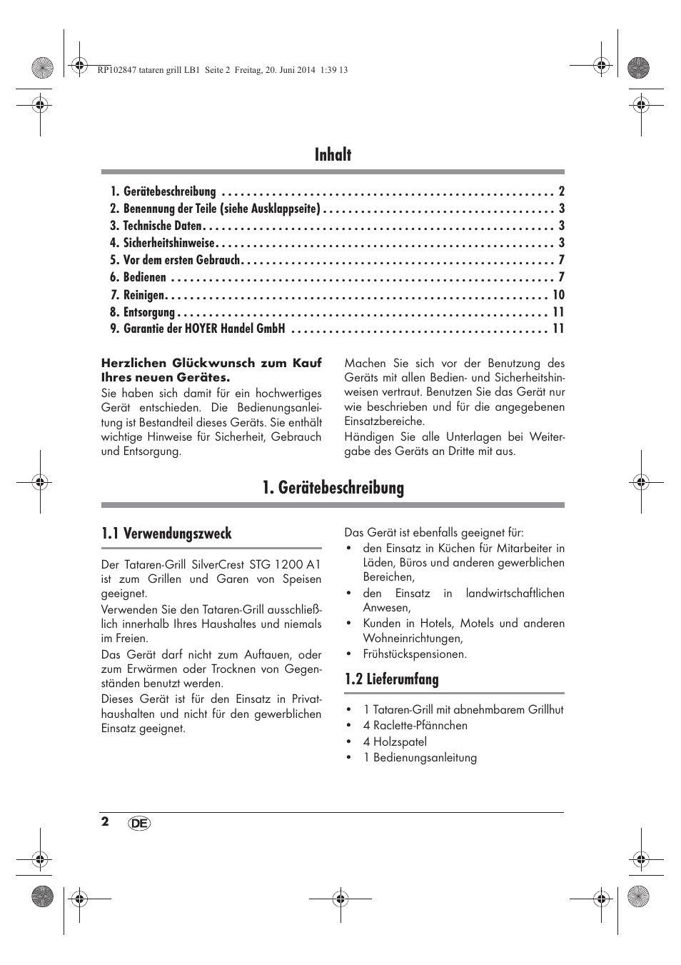 Inhalt, Gerätebeschreibung, 1 verwendungszweck | 2 lieferumfang | Silvercrest STG 1200 A1 User Manual | Page 4 / 50