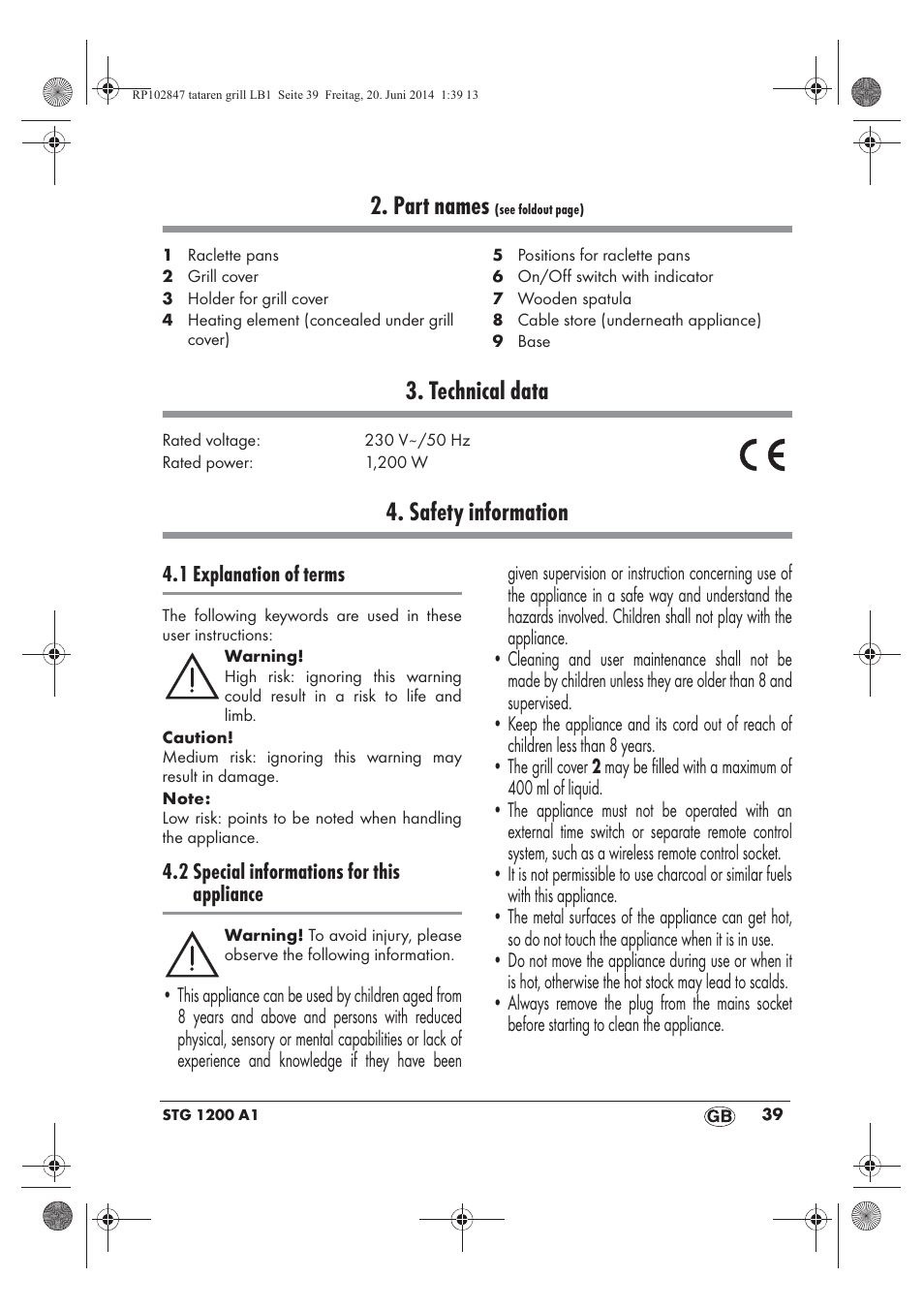 Part names, Technical data, Safety information | Silvercrest STG 1200 A1 User Manual | Page 41 / 50