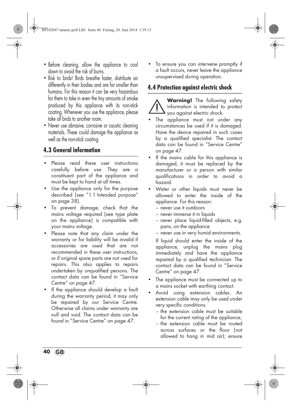 3 general information, 4 protection against electric shock | Silvercrest STG 1200 A1 User Manual | Page 42 / 50