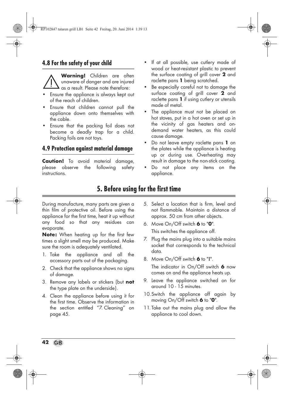 Before using for the first time, 8 for the safety of your child, 9 protection against material damage | Silvercrest STG 1200 A1 User Manual | Page 44 / 50
