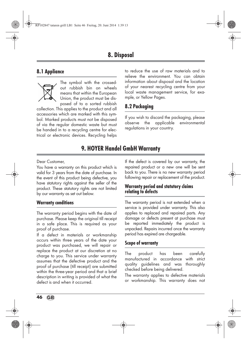 Disposal, Hoyer handel gmbh warranty | Silvercrest STG 1200 A1 User Manual | Page 48 / 50