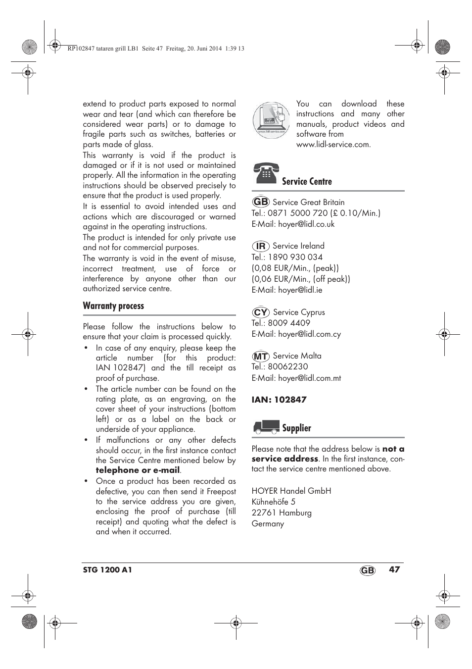 Warranty process, Service centre, Supplier | Silvercrest STG 1200 A1 User Manual | Page 49 / 50