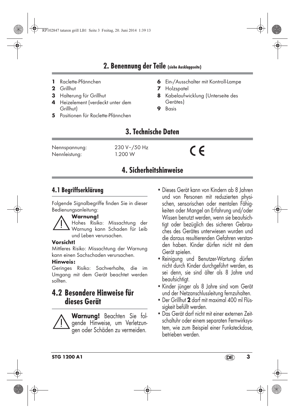 2 besondere hinweise für dieses gerät, Benennung der teile, Technische daten | Sicherheitshinweise | Silvercrest STG 1200 A1 User Manual | Page 5 / 50