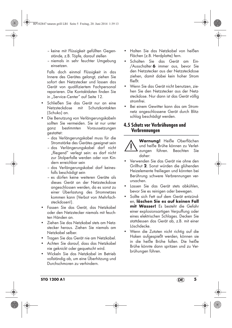 5 schutz vor verbrühungen und verbrennungen | Silvercrest STG 1200 A1 User Manual | Page 7 / 50