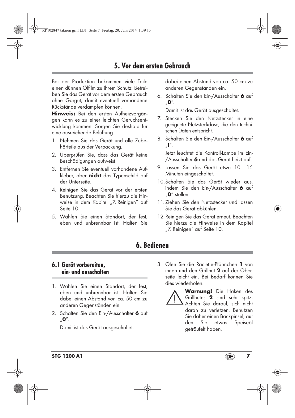 Vor dem ersten gebrauch, Bedienen, 1 gerät vorbereiten, ein- und ausschalten | Silvercrest STG 1200 A1 User Manual | Page 9 / 50