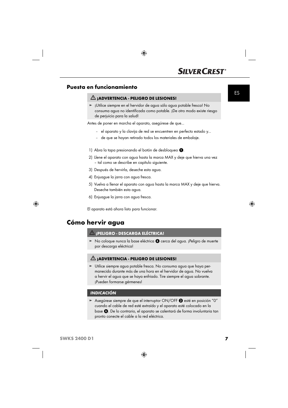 Cómo hervir agua, Puesta en funcionamiento | Silvercrest SWKS 2400 D1 User Manual | Page 10 / 64