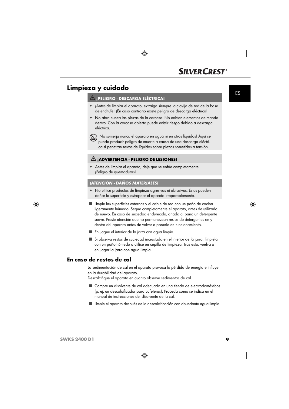 Limpieza y cuidado, En caso de restos de cal | Silvercrest SWKS 2400 D1 User Manual | Page 12 / 64