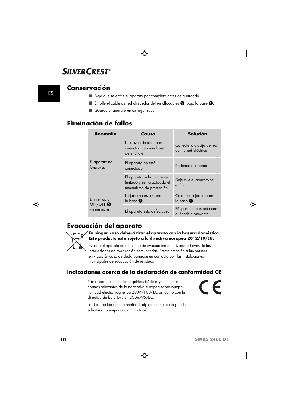 Conservación, Eliminación de fallos, Evacuación del aparato | Silvercrest SWKS 2400 D1 User Manual | Page 13 / 64