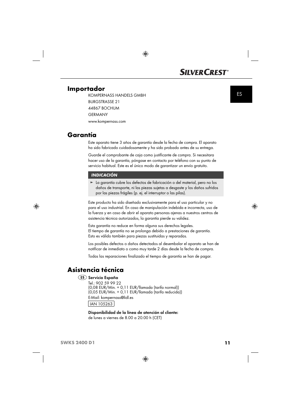 Importador, Garantía, Asistencia técnica | Silvercrest SWKS 2400 D1 User Manual | Page 14 / 64