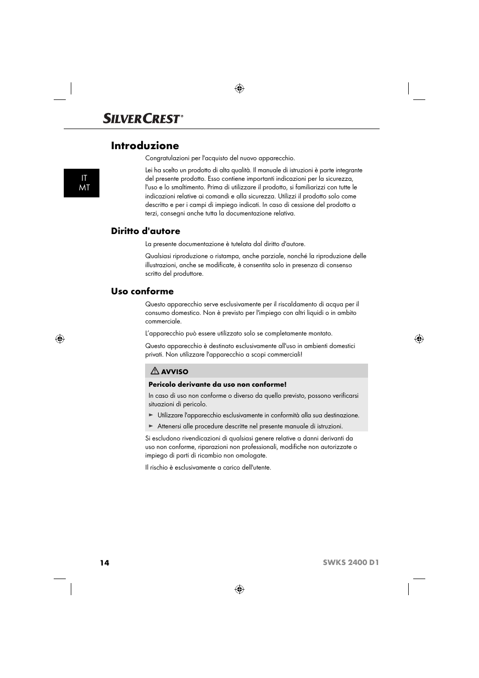 Introduzione, Diritto d'autore, Uso conforme | It mt | Silvercrest SWKS 2400 D1 User Manual | Page 17 / 64