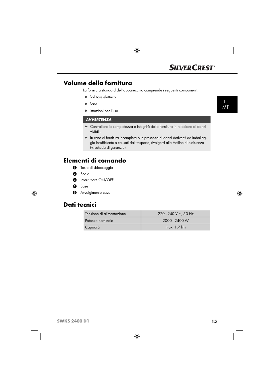 Volume della fornitura, Elementi di comando, Dati tecnici | It mt | Silvercrest SWKS 2400 D1 User Manual | Page 18 / 64