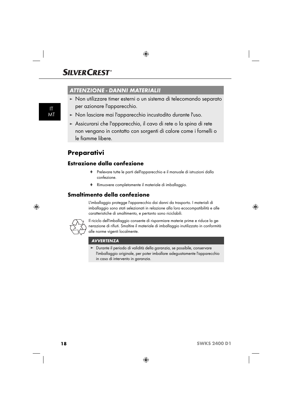 Preparativi, Attenzione - danni materiali, Estrazione dalla confezione | Smaltimento della confezione, It mt | Silvercrest SWKS 2400 D1 User Manual | Page 21 / 64