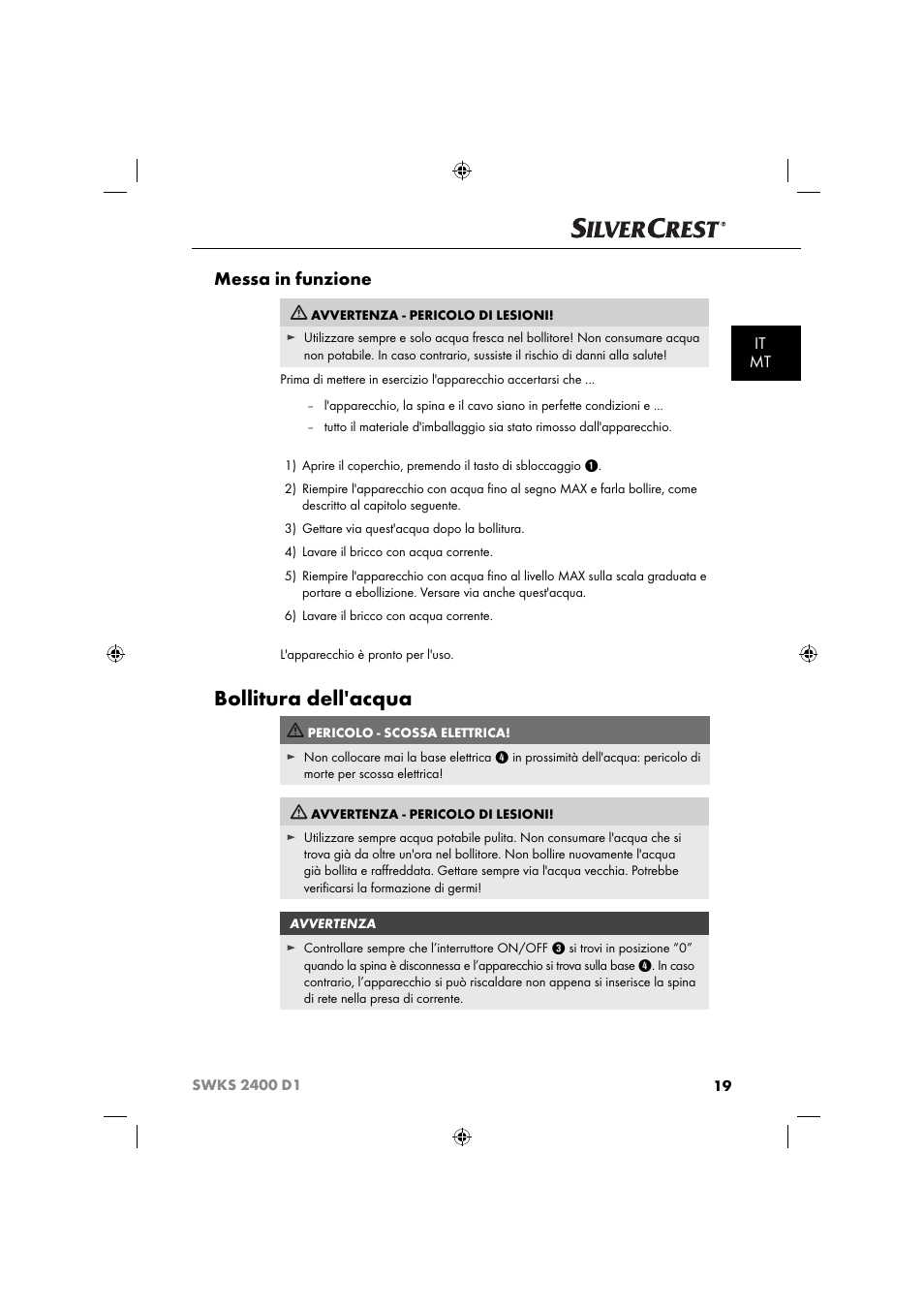 Bollitura dell'acqua, Messa in funzione, It mt | Silvercrest SWKS 2400 D1 User Manual | Page 22 / 64