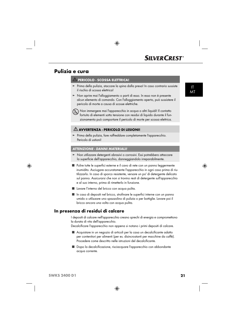 Pulizia e cura, It mt | Silvercrest SWKS 2400 D1 User Manual | Page 24 / 64