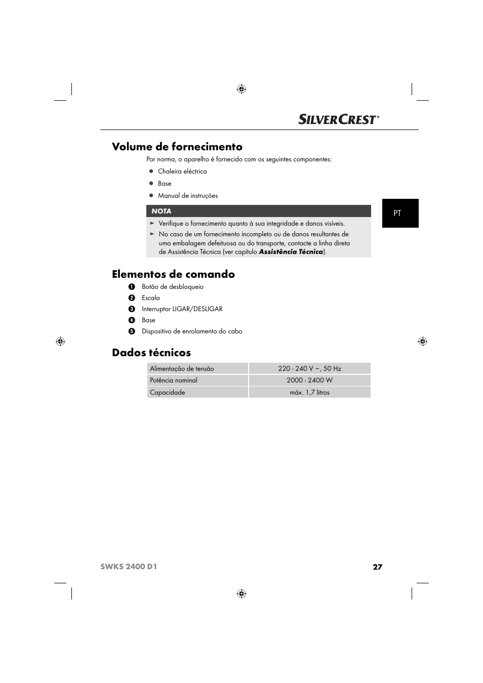 Volume de fornecimento, Elementos de comando, Dados técnicos | Silvercrest SWKS 2400 D1 User Manual | Page 30 / 64