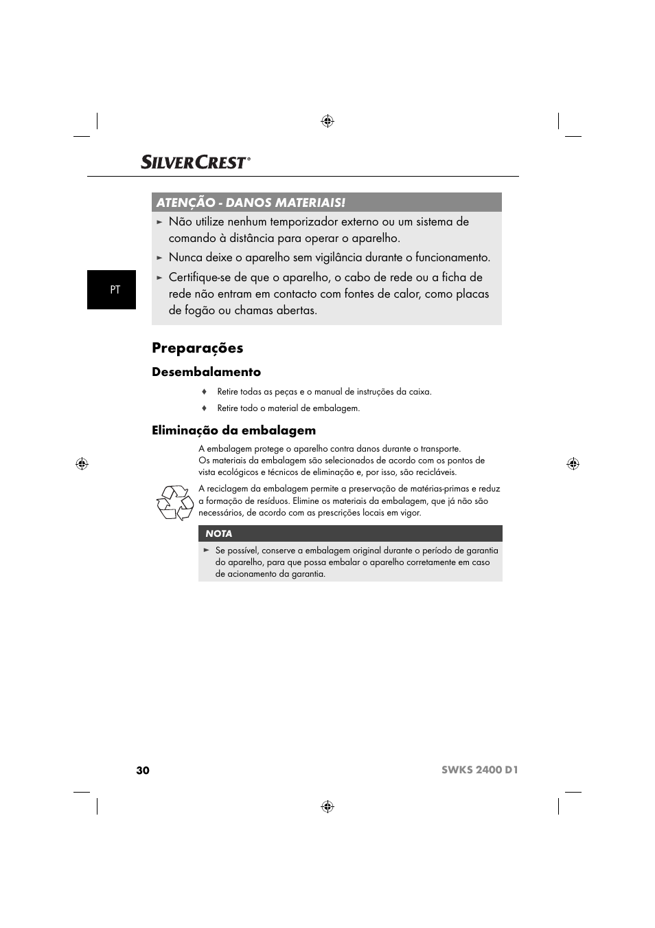 Preparações, Atenção - danos materiais, Desembalamento | Eliminação da embalagem | Silvercrest SWKS 2400 D1 User Manual | Page 33 / 64