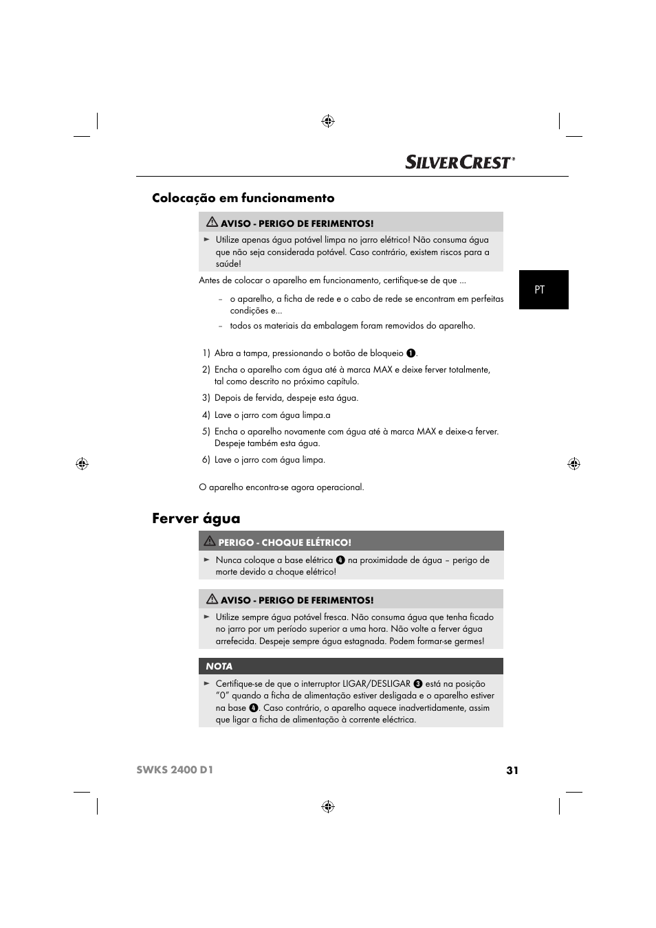 Ferver água, Colocação em funcionamento | Silvercrest SWKS 2400 D1 User Manual | Page 34 / 64