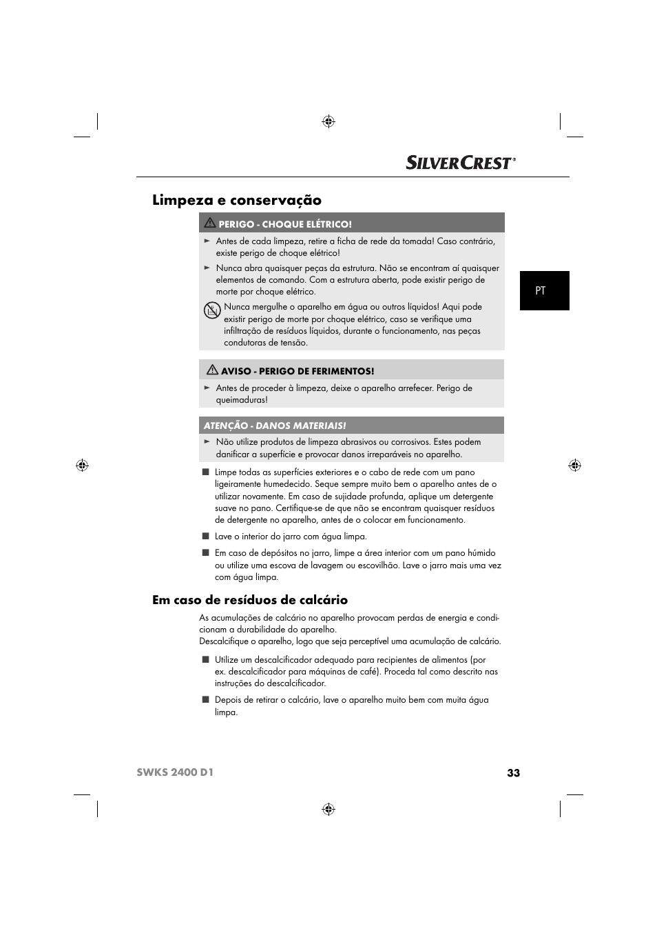 Limpeza e conservação, Em caso de resíduos de calcário | Silvercrest SWKS 2400 D1 User Manual | Page 36 / 64