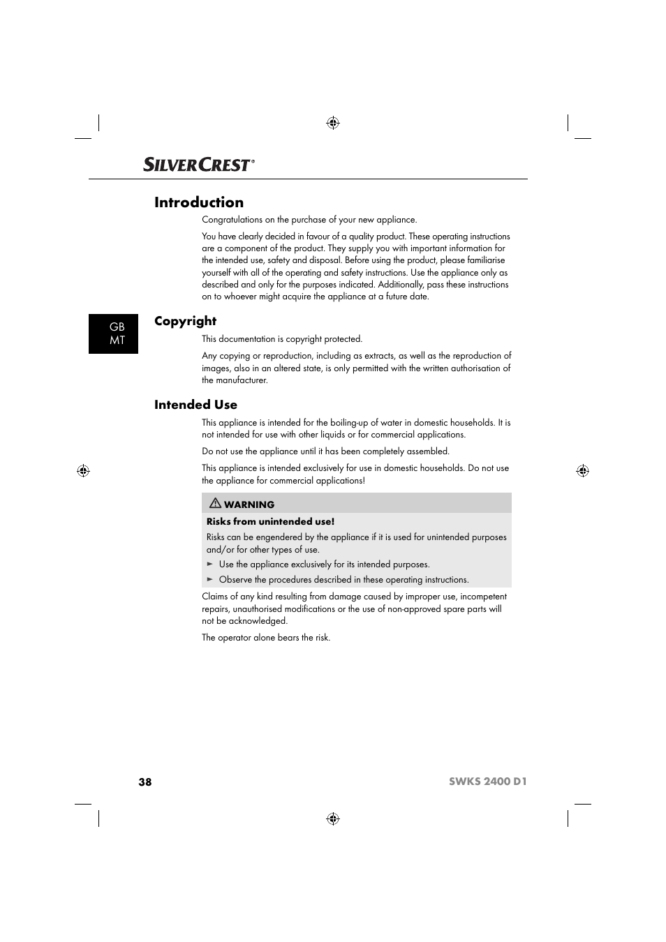 Introduction, Copyright, Intended use | Gb mt | Silvercrest SWKS 2400 D1 User Manual | Page 41 / 64