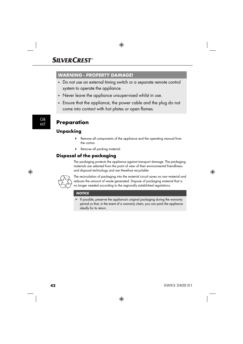 Preparation, Warning - property damage, Unpacking | Disposal of the packaging, Gb mt | Silvercrest SWKS 2400 D1 User Manual | Page 45 / 64