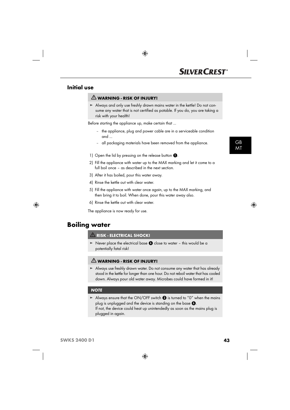 Boiling water, Initial use, Gb mt | Silvercrest SWKS 2400 D1 User Manual | Page 46 / 64