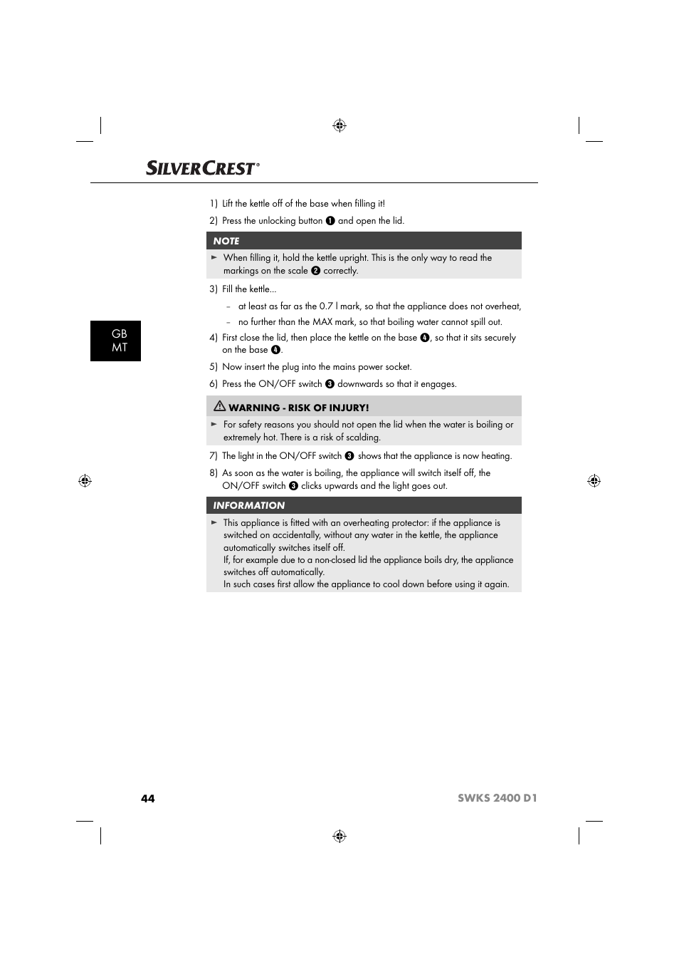 Gb mt | Silvercrest SWKS 2400 D1 User Manual | Page 47 / 64