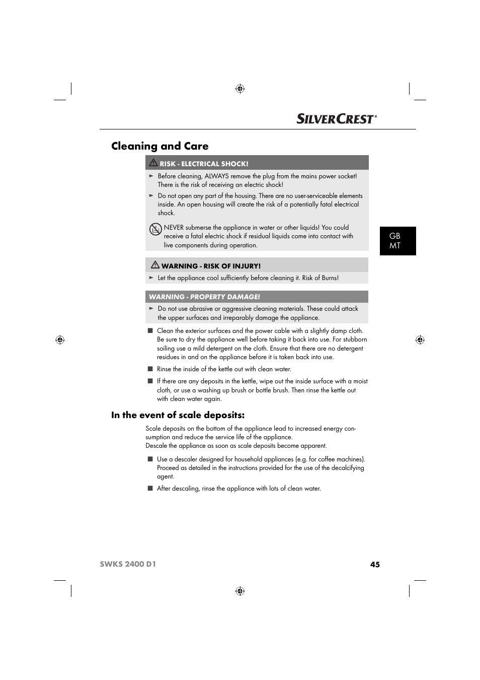 Cleaning and care, Gb mt | Silvercrest SWKS 2400 D1 User Manual | Page 48 / 64