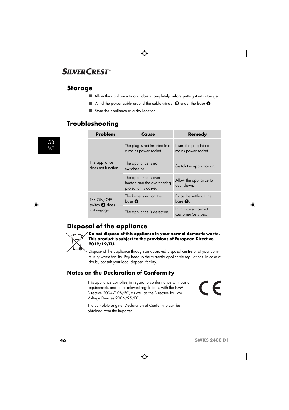 Storage, Troubleshooting, Disposal of the appliance | Gb mt | Silvercrest SWKS 2400 D1 User Manual | Page 49 / 64