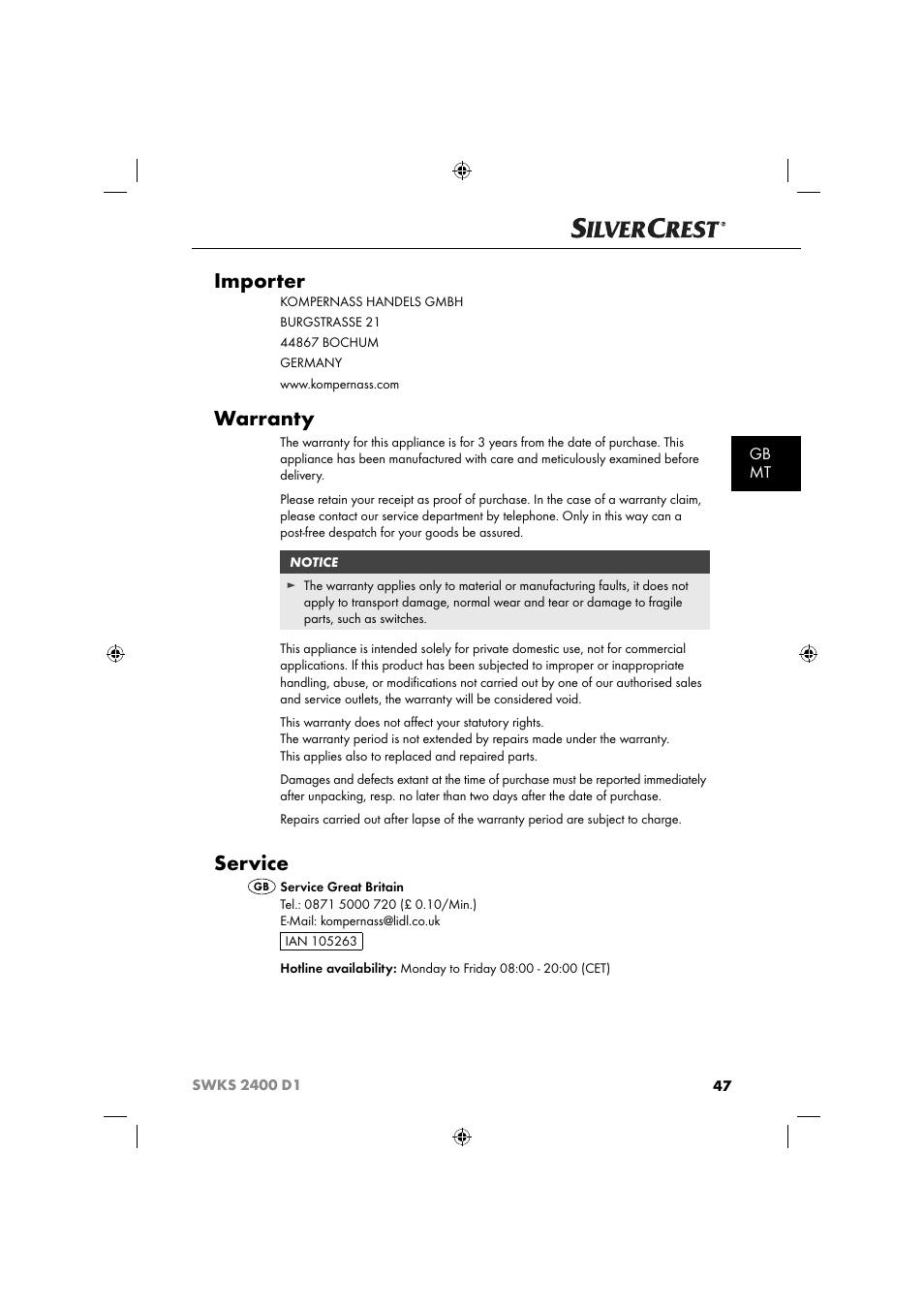 Importer, Warranty, Service | Gb mt | Silvercrest SWKS 2400 D1 User Manual | Page 50 / 64