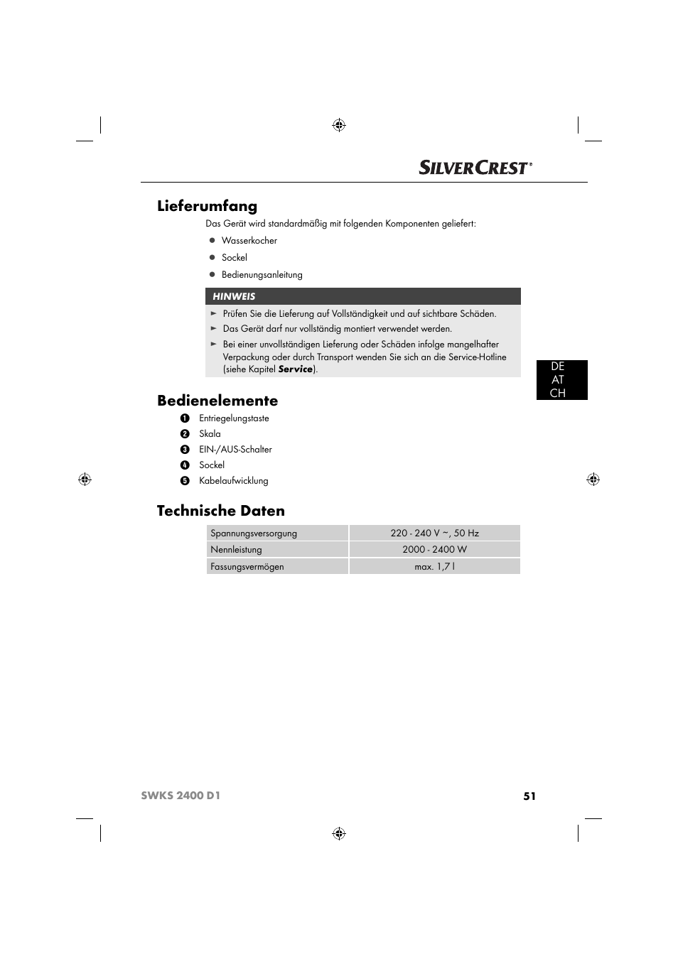 Lieferumfang, Bedienelemente, Technische daten | De at ch | Silvercrest SWKS 2400 D1 User Manual | Page 54 / 64