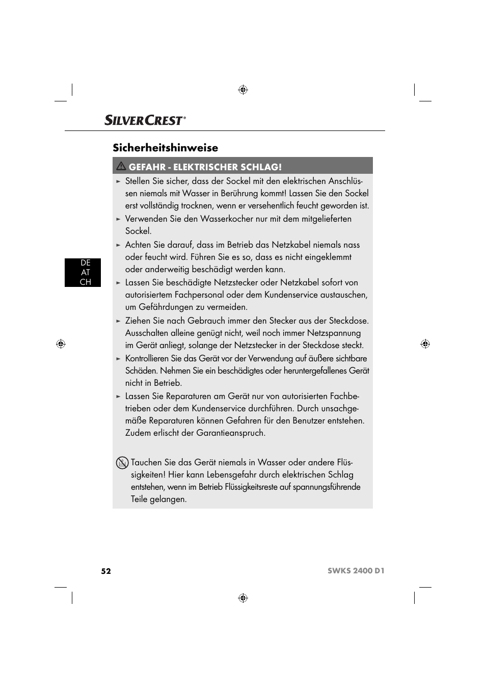 Sicherheitshinweise, Gefahr - elektrischer schlag | Silvercrest SWKS 2400 D1 User Manual | Page 55 / 64