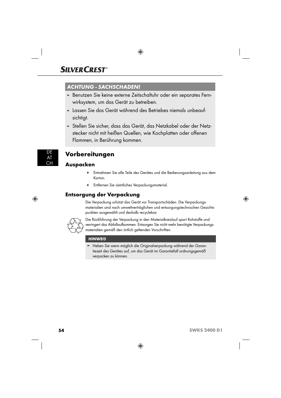 Vorbereitungen, Achtung - sachschaden, Auspacken | Entsorgung der verpackung, De at ch | Silvercrest SWKS 2400 D1 User Manual | Page 57 / 64