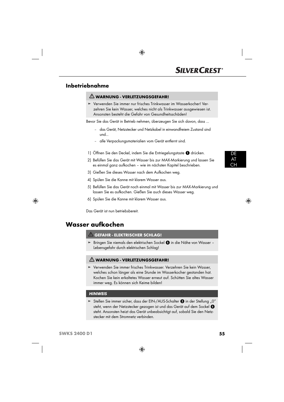 Wasser aufkochen, Inbetriebnahme, De at ch | Silvercrest SWKS 2400 D1 User Manual | Page 58 / 64