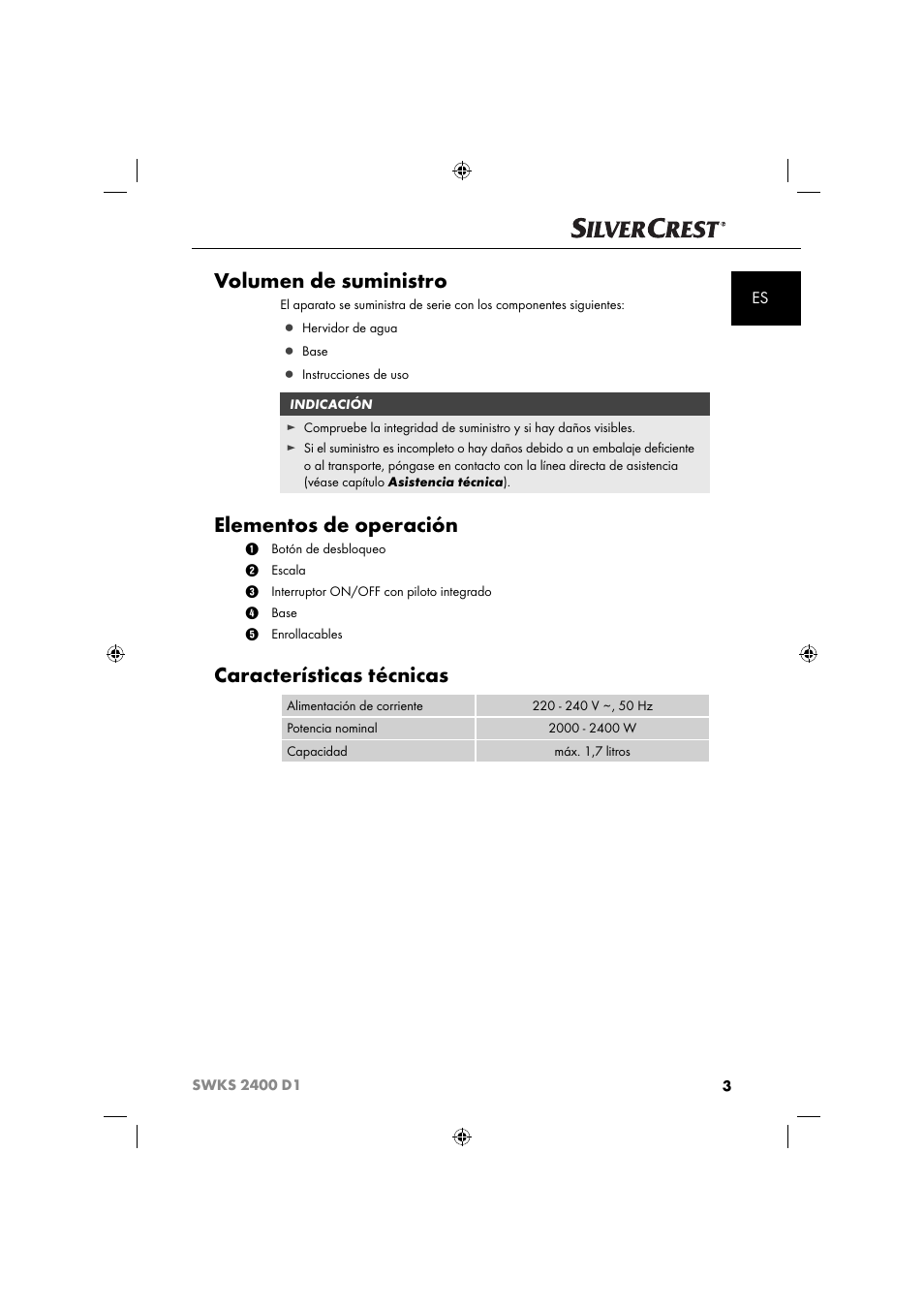 Volumen de suministro, Elementos de operación, Características técnicas | Silvercrest SWKS 2400 D1 User Manual | Page 6 / 64