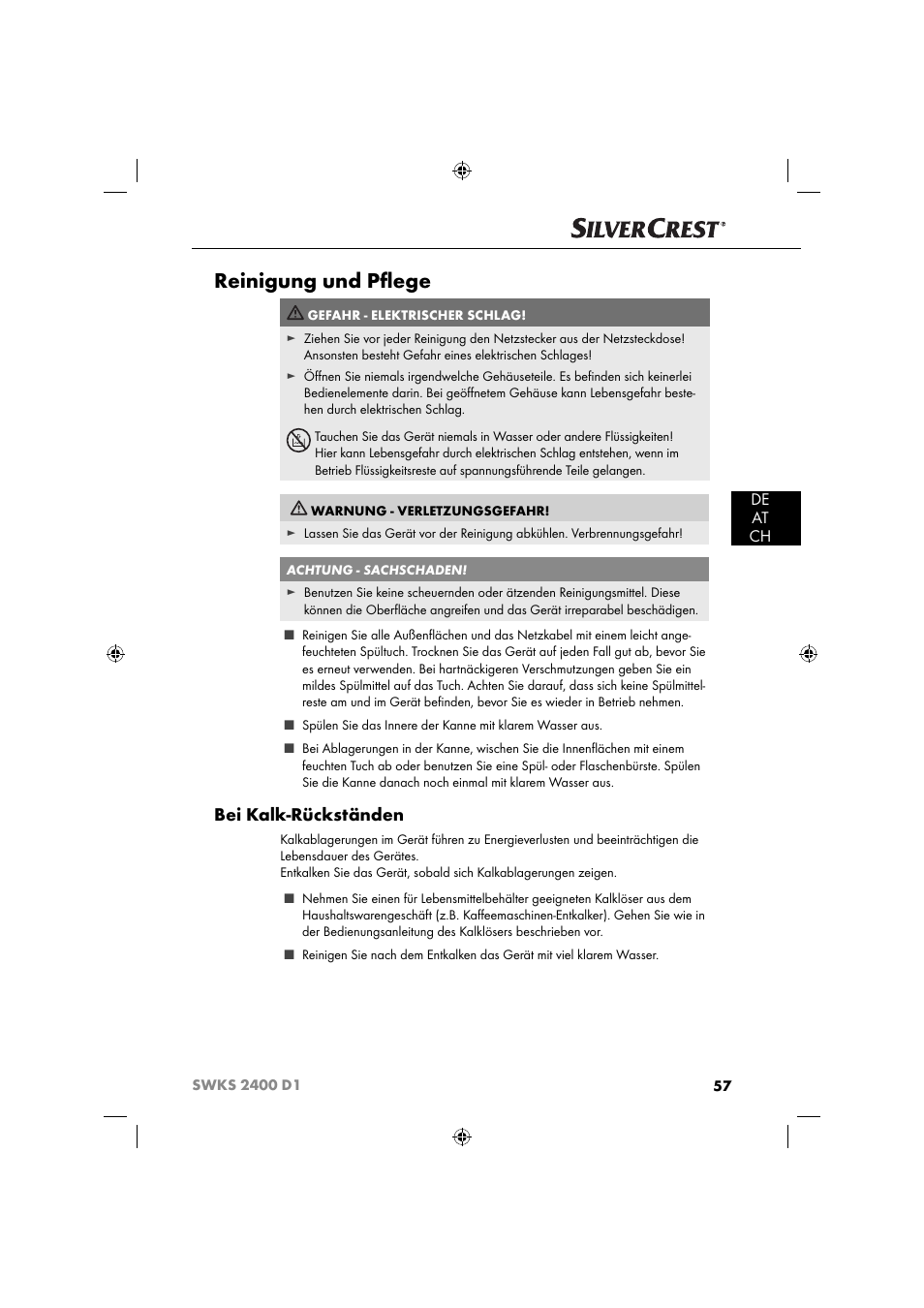 Reinigung und pﬂ ege, Bei kalk-rückständen, De at ch | Silvercrest SWKS 2400 D1 User Manual | Page 60 / 64