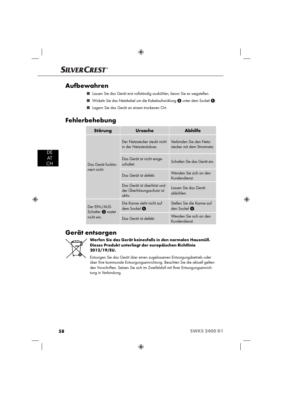 Aufbewahren, Fehlerbehebung, Gerät entsorgen | De at ch | Silvercrest SWKS 2400 D1 User Manual | Page 61 / 64