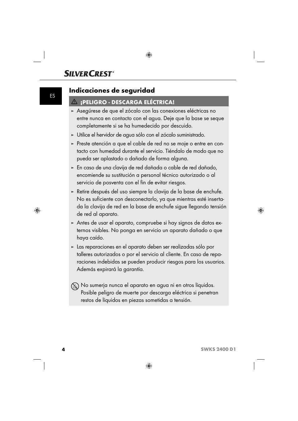 Indicaciones de seguridad, Peligro - descarga eléctrica | Silvercrest SWKS 2400 D1 User Manual | Page 7 / 64