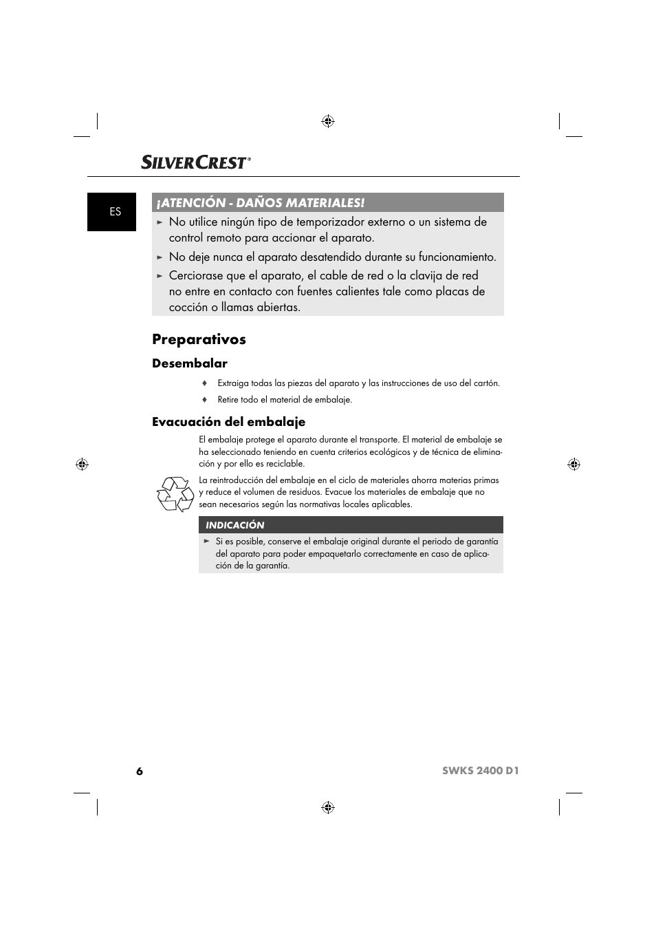 Preparativos, Atención - daños materiales, Desembalar | Evacuación del embalaje | Silvercrest SWKS 2400 D1 User Manual | Page 9 / 64