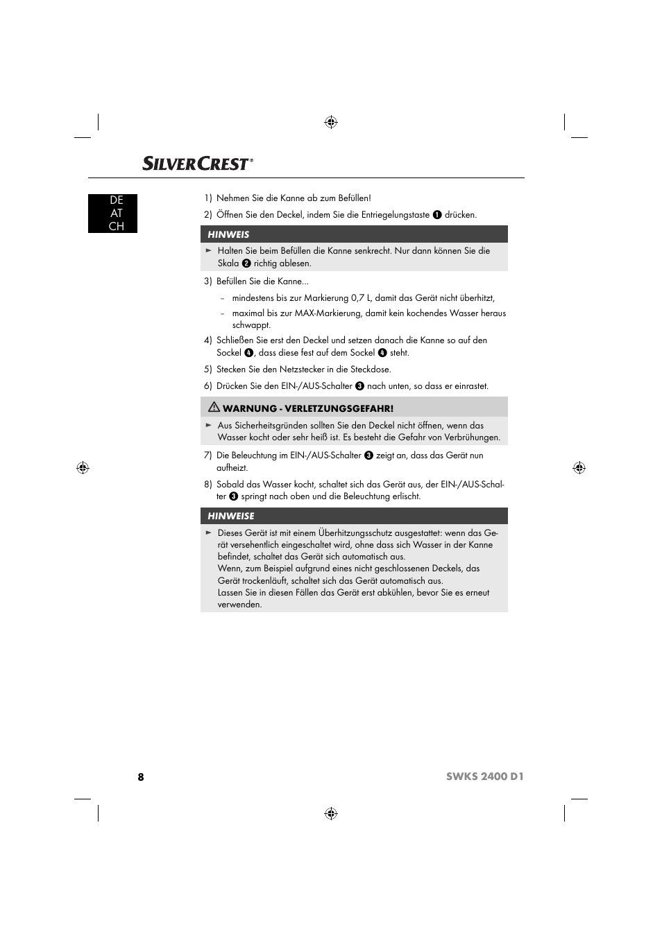 De at ch | Silvercrest SWKS 2400 D1 User Manual | Page 11 / 51