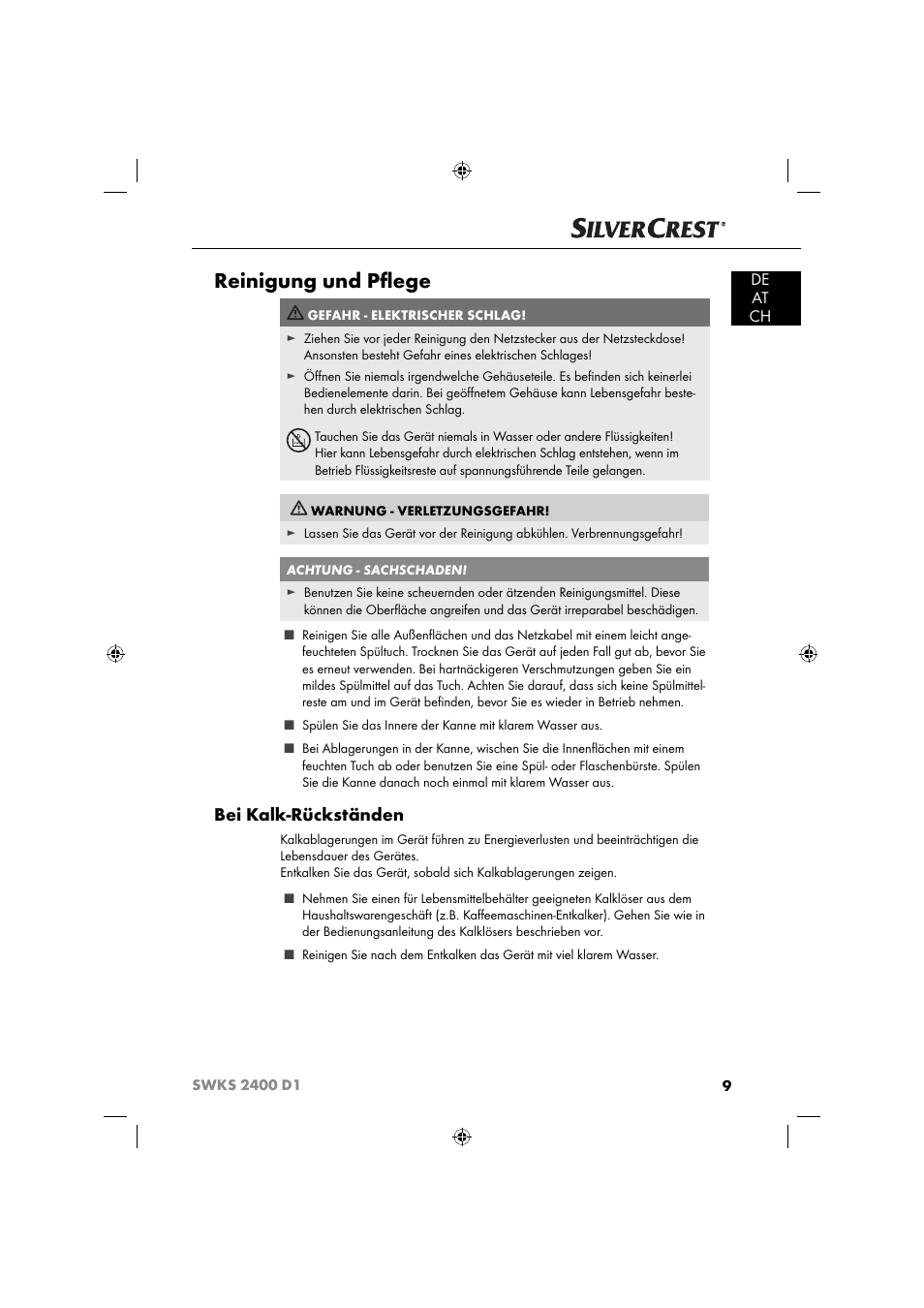 Reinigung und pﬂ ege, Bei kalk-rückständen, De at ch | Silvercrest SWKS 2400 D1 User Manual | Page 12 / 51