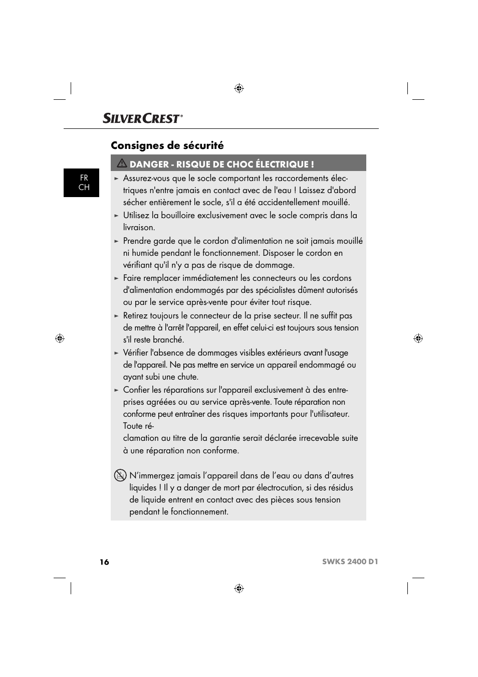 Consignes de sécurité, Danger - risque de choc électrique | Silvercrest SWKS 2400 D1 User Manual | Page 19 / 51