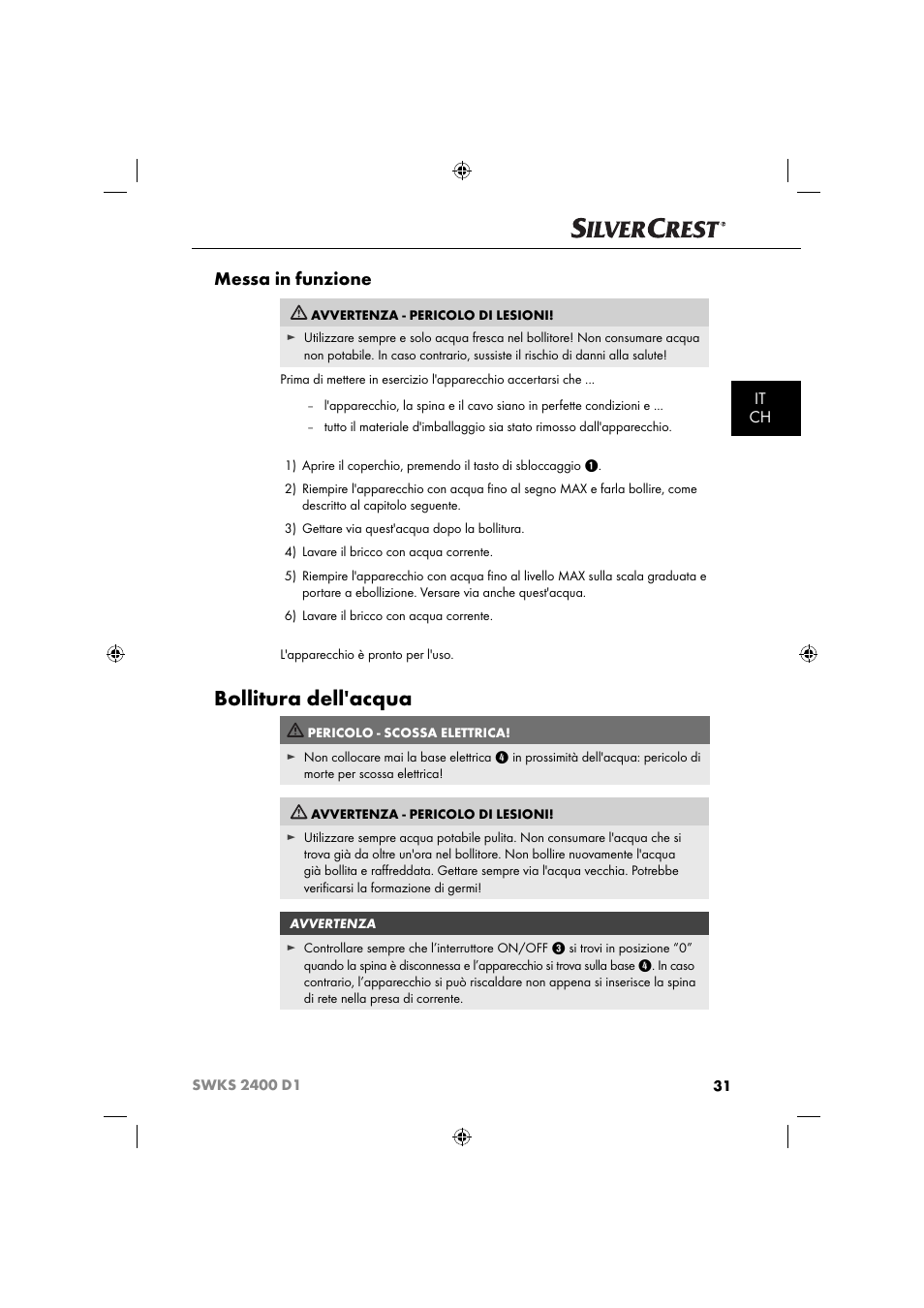 Bollitura dell'acqua, Messa in funzione, It ch | Silvercrest SWKS 2400 D1 User Manual | Page 34 / 51