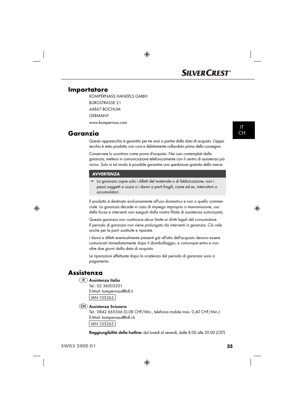 Importatore, Garanzia, Assistenza | It ch | Silvercrest SWKS 2400 D1 User Manual | Page 38 / 51