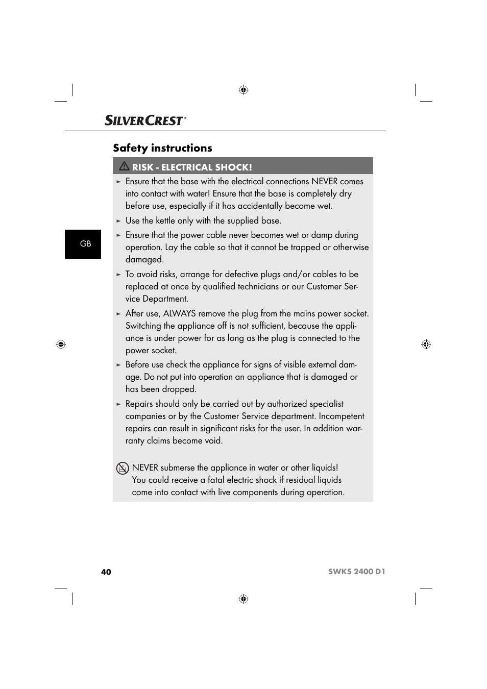 Safety instructions, Risk - electrical shock, Use the kettle only with the supplied base | Silvercrest SWKS 2400 D1 User Manual | Page 43 / 51