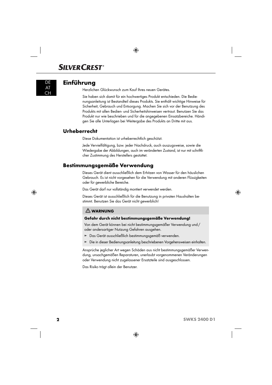 Einführung, Urheberrecht, Bestimmungsgemäße verwendung | De at ch | Silvercrest SWKS 2400 D1 User Manual | Page 5 / 51