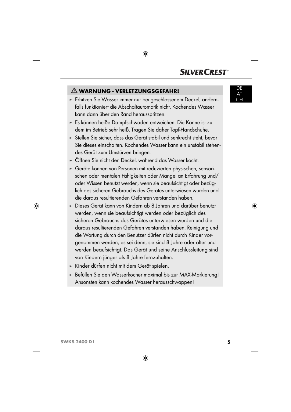 Warnung - verletzungsgefahr, Kinder dürfen nicht mit dem gerät spielen | Silvercrest SWKS 2400 D1 User Manual | Page 8 / 51